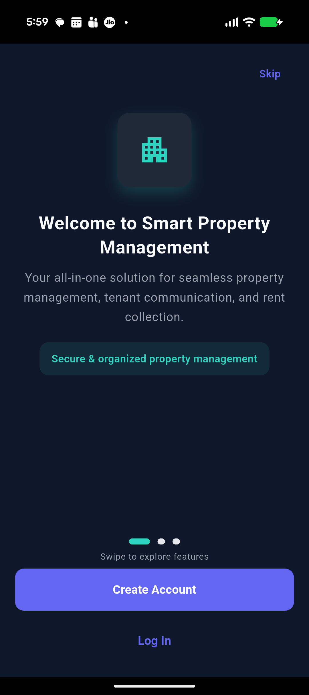 Thikano onboarding screen introducing property management