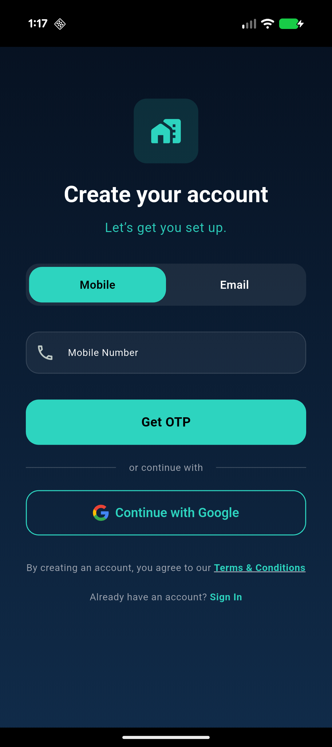 Thikano account setup screen with mobile, email, OTP, and Google signup options